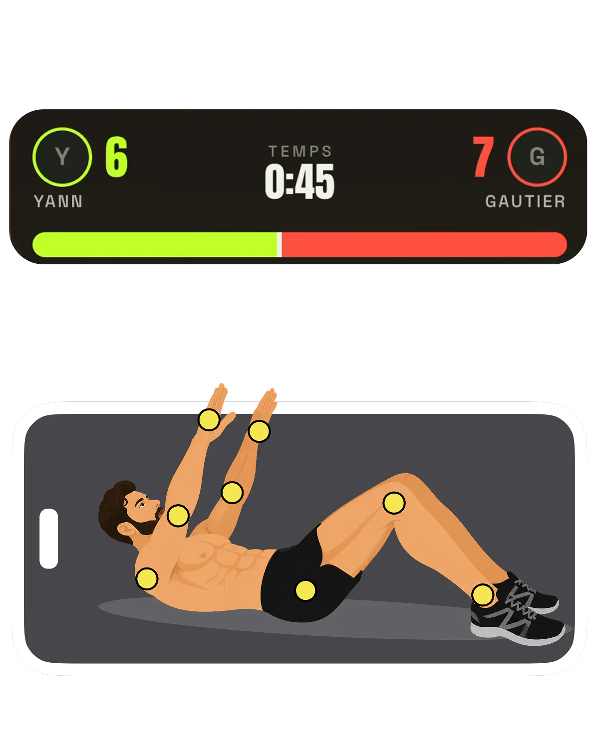 A duel scoreboard counting two players' reps against a 45-second clock, above a phone lying on its side tracking the body joints of someone doing a crunch