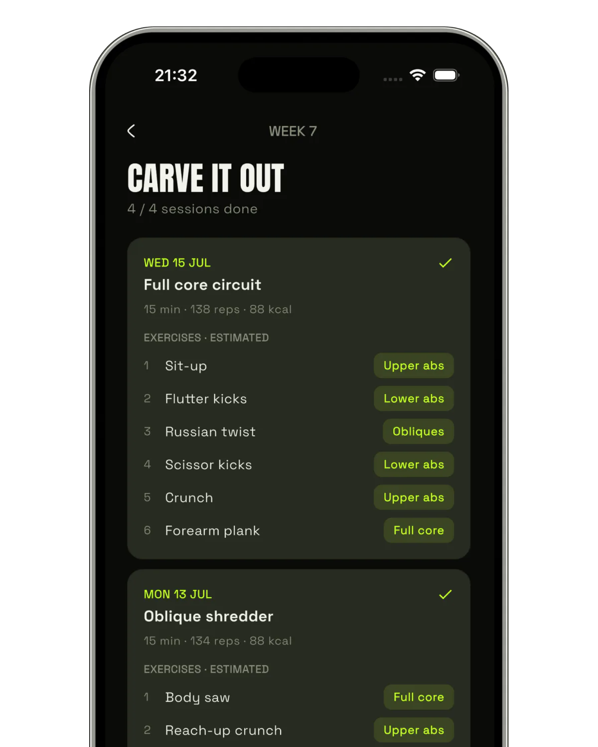 The Absly plan screen on week 7 of the Carve it out phase, four of four sessions done, each listing its exercises and the ab zone they target
