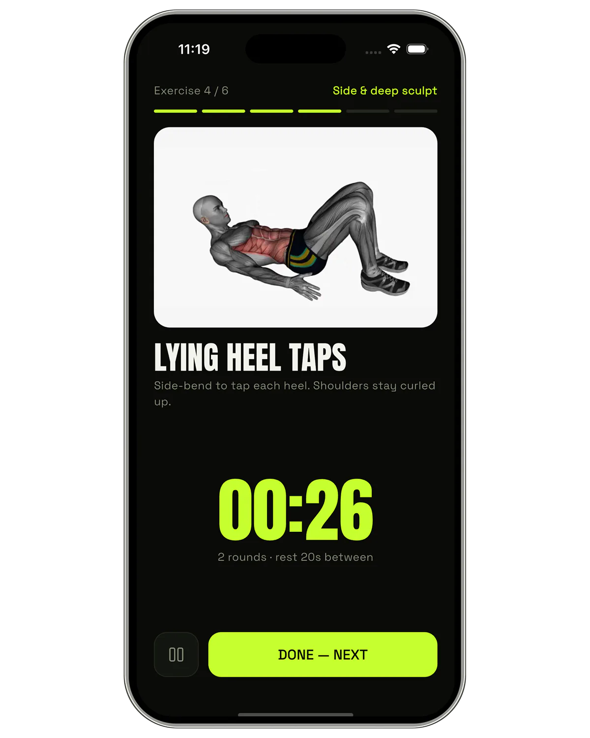 The Absly workout player on exercise 4 of 6, showing the lying heel taps demo, a 26-second countdown and the two-round format